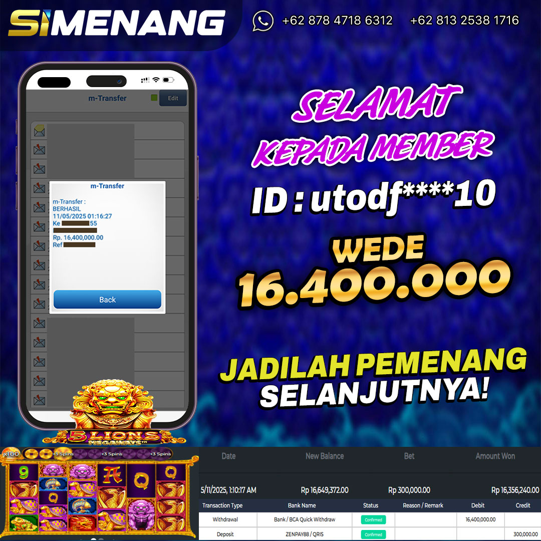 Bukti WD SIMENANG 16,4 juta 5 Lions Megaways 11 Mei 2025