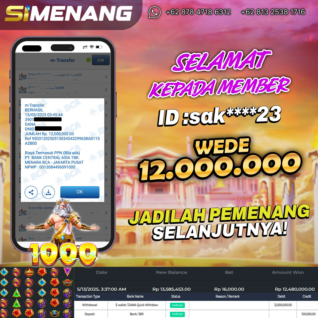 Bukti WD SIMENANG 12 juta Gates of Olympus 1000 13 Mei 2025