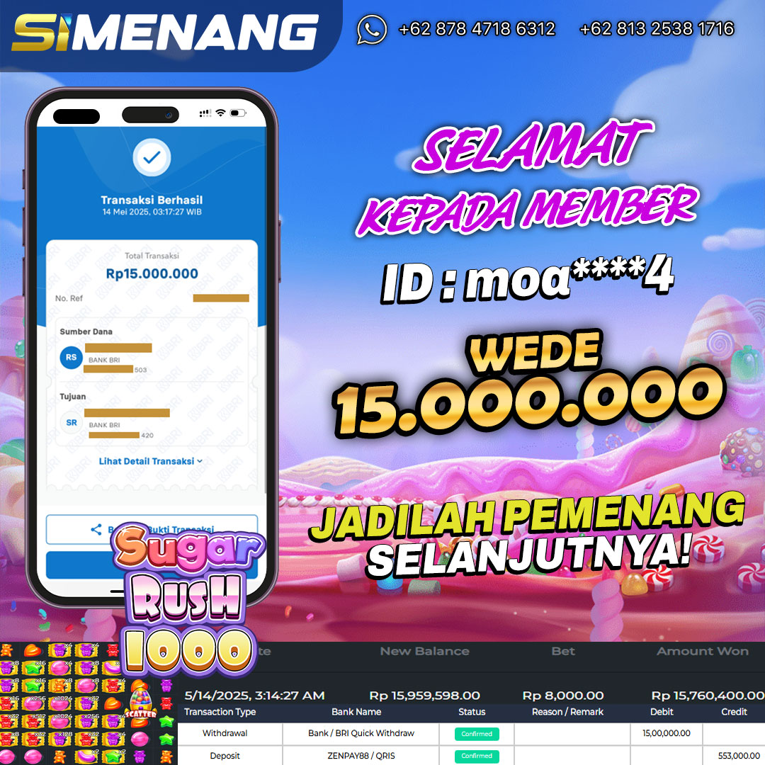 Bukti WD SIMENANG 15 juta Sugar Rush 1000 14 Mei 2025