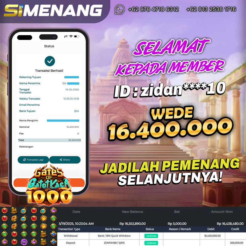 Bukti WD SIMENANG 16,4 juta Gates of Gatot Kaca 1000 19 Mei 2025