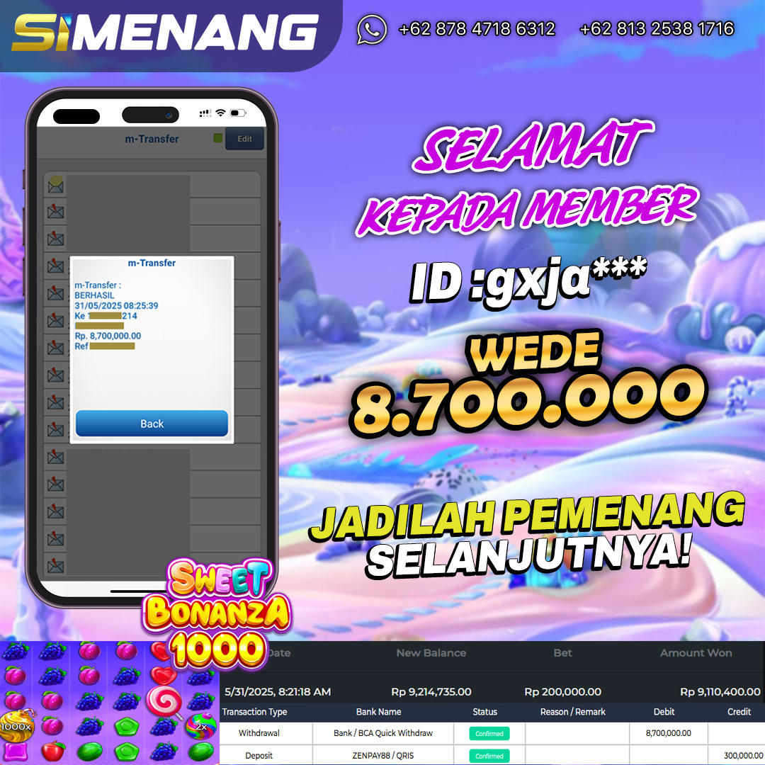 Bukti WD SIMENANG 8.7 juta Sweet Bonanza 1000 31 Mei 2025