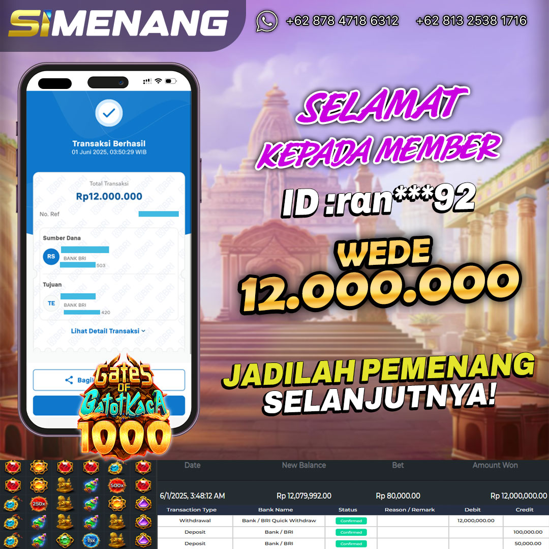Bukti WD SIMENANG 12 juta Gates of Gatot Kaca 1000 1 Juni 2025