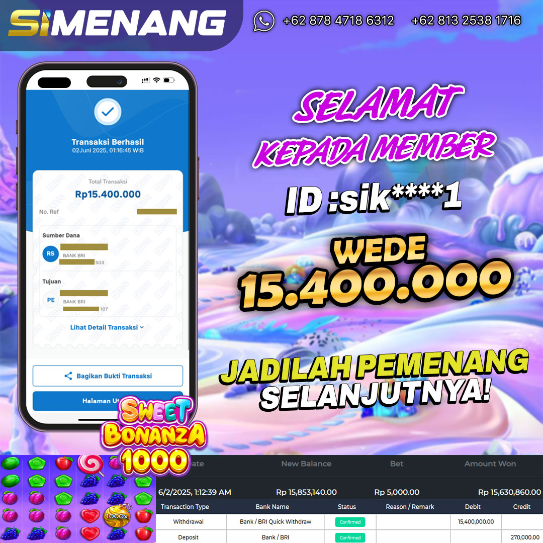 Bukti WD SIMENANG 15,4 juta Sweet Bonanza 1000 2 Juni 2025