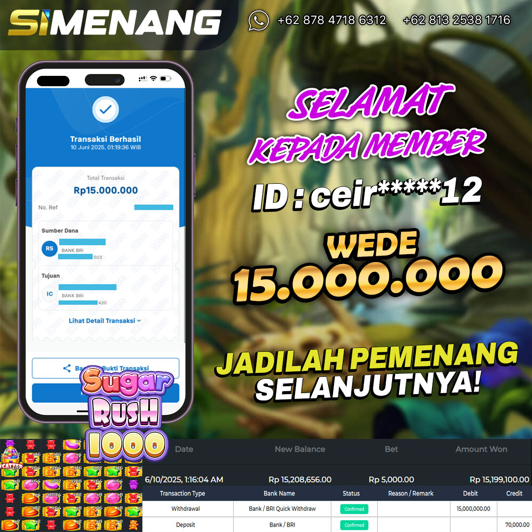 Bukti WD SIMENANG 15 juta Sugar Rush 1000 10 Juni 2025