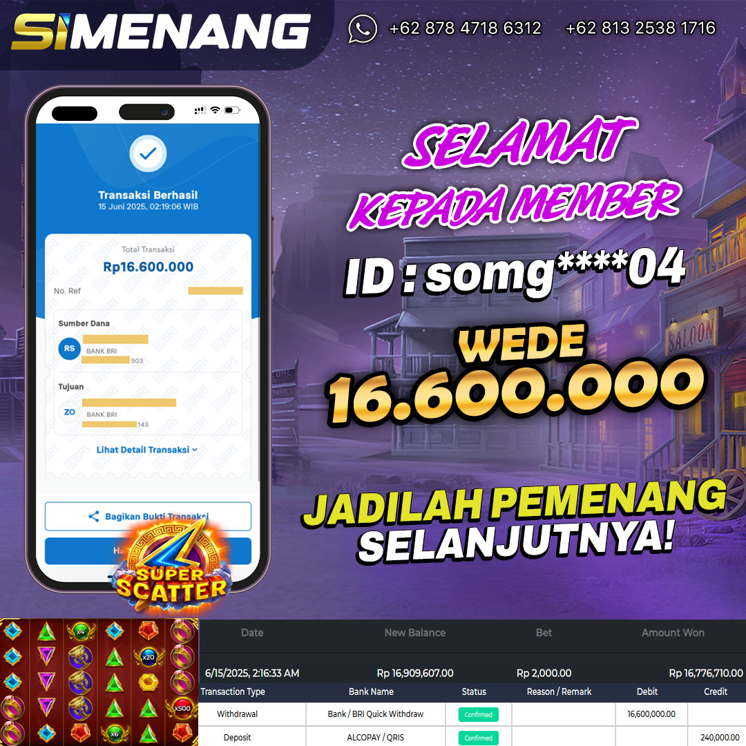 Bukti WD SIMENANG 16,6 juta Gates of Olympus Super Scatter 15 Juni 2025