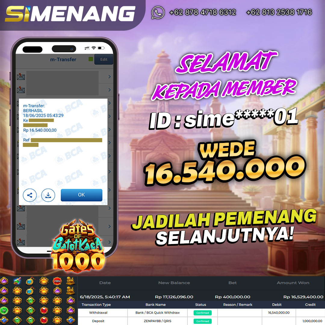 Bukti WD SIMENANG 16,5 juta Gate of Gatot Kaca 1000 18 Juni 2025