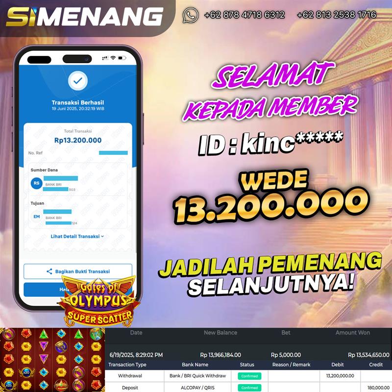 Bukti WD SIMENANG 13,2 juta Gates of Olympus Super Scatter 19 Juni 2025