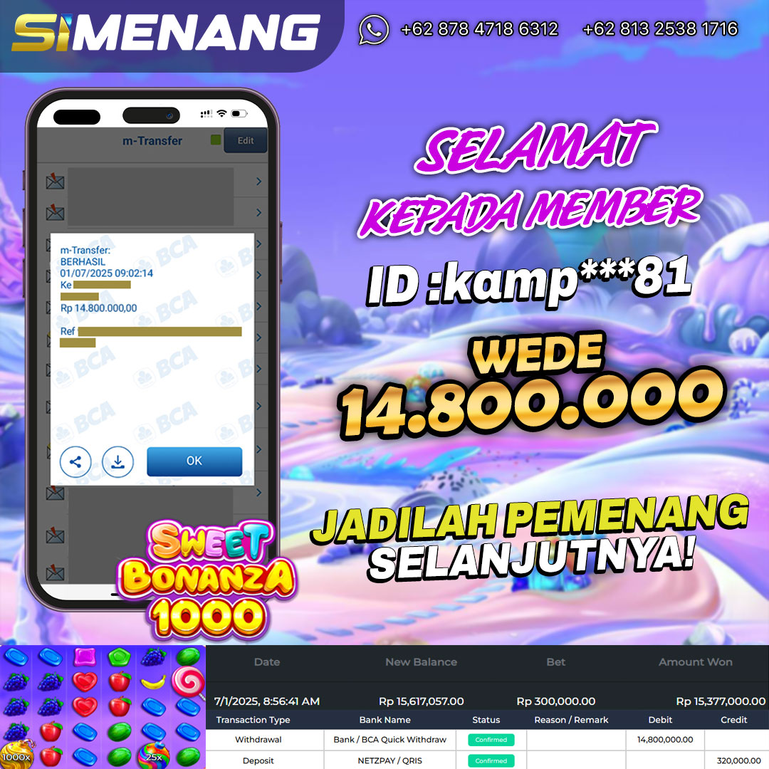 Bukti WD SIMENANG 14,8 juta Sweet Bonanza 1000 1 Juli 2025