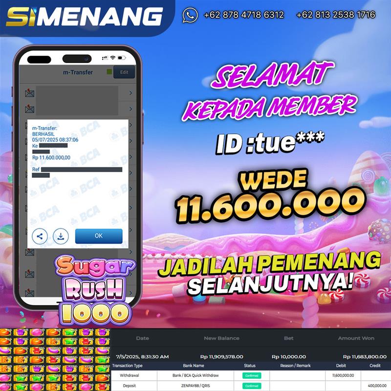 Bukti WD SIMENANG 11,6 juta Sugar Rush 1000 5 Juli 2025