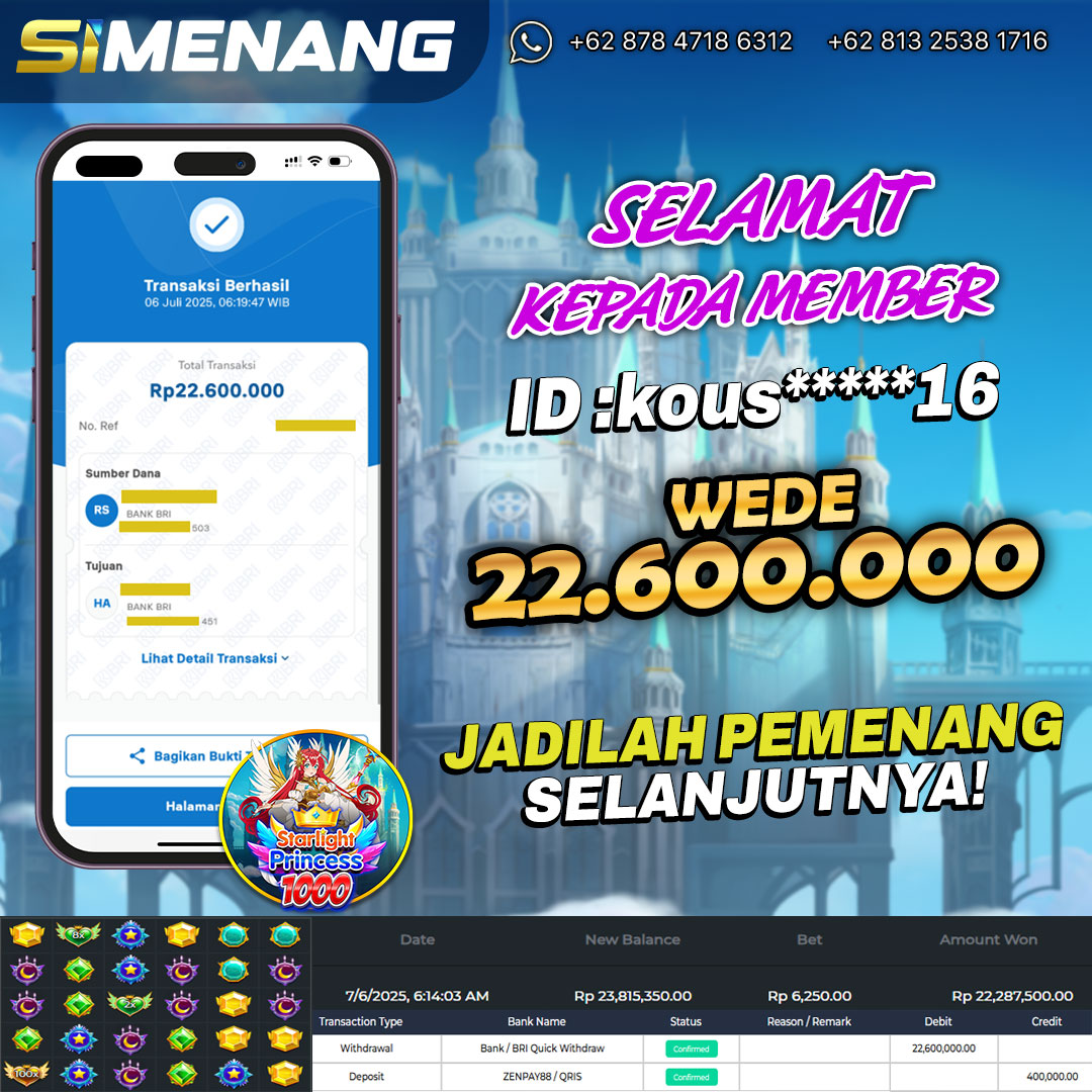Bukti WD SIMENANG 22,6 juta Starlight Princess 1000 6 Juli 2025