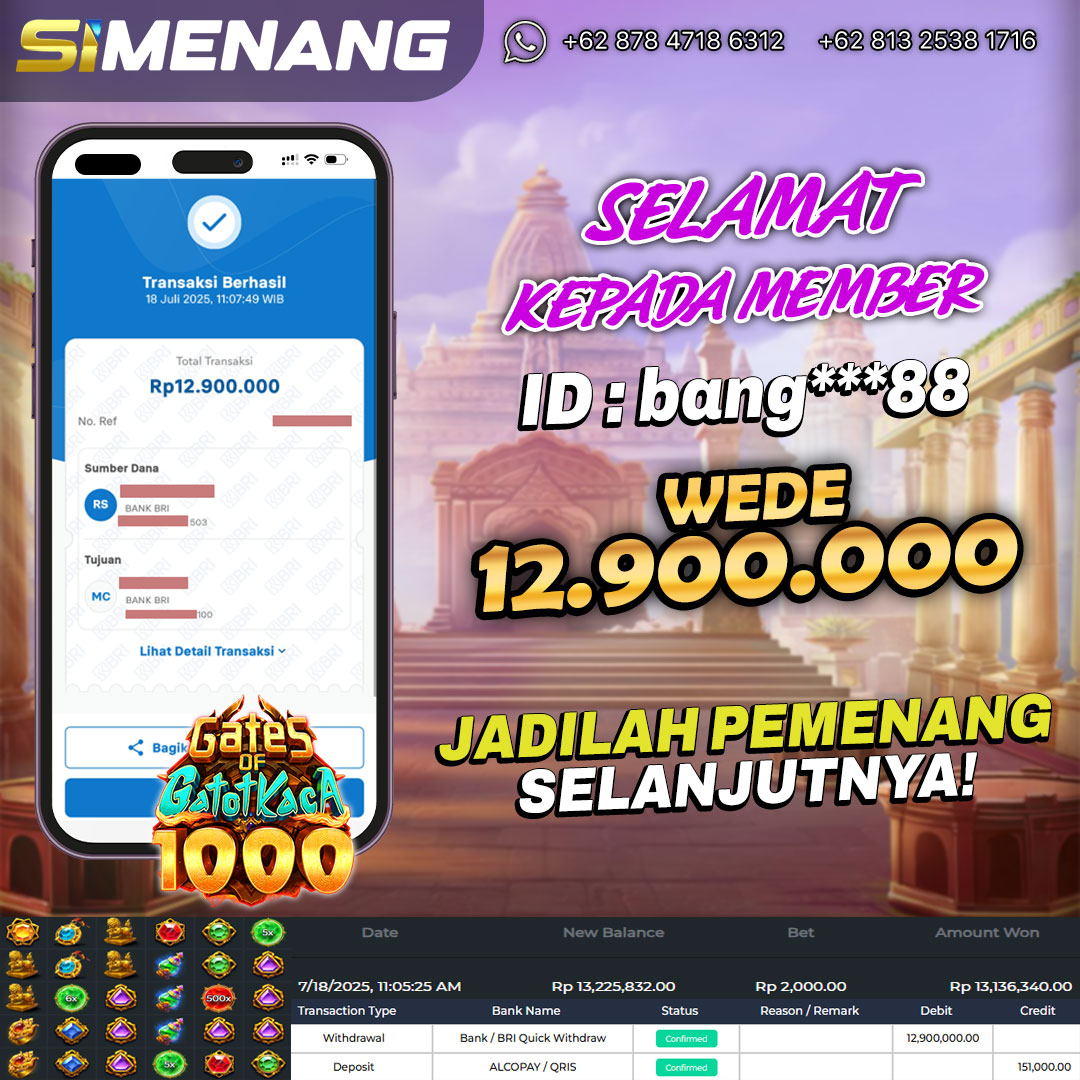 Bukti WD SIMENANG 12,9 juta Gates of Gatot Kaca 1000 18 Juli 2025