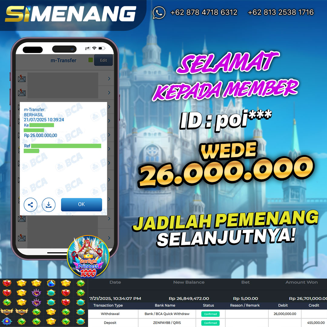 Bukti WD SIMENANG 26 juta Starlight Princess 1000 21 Juli 2025