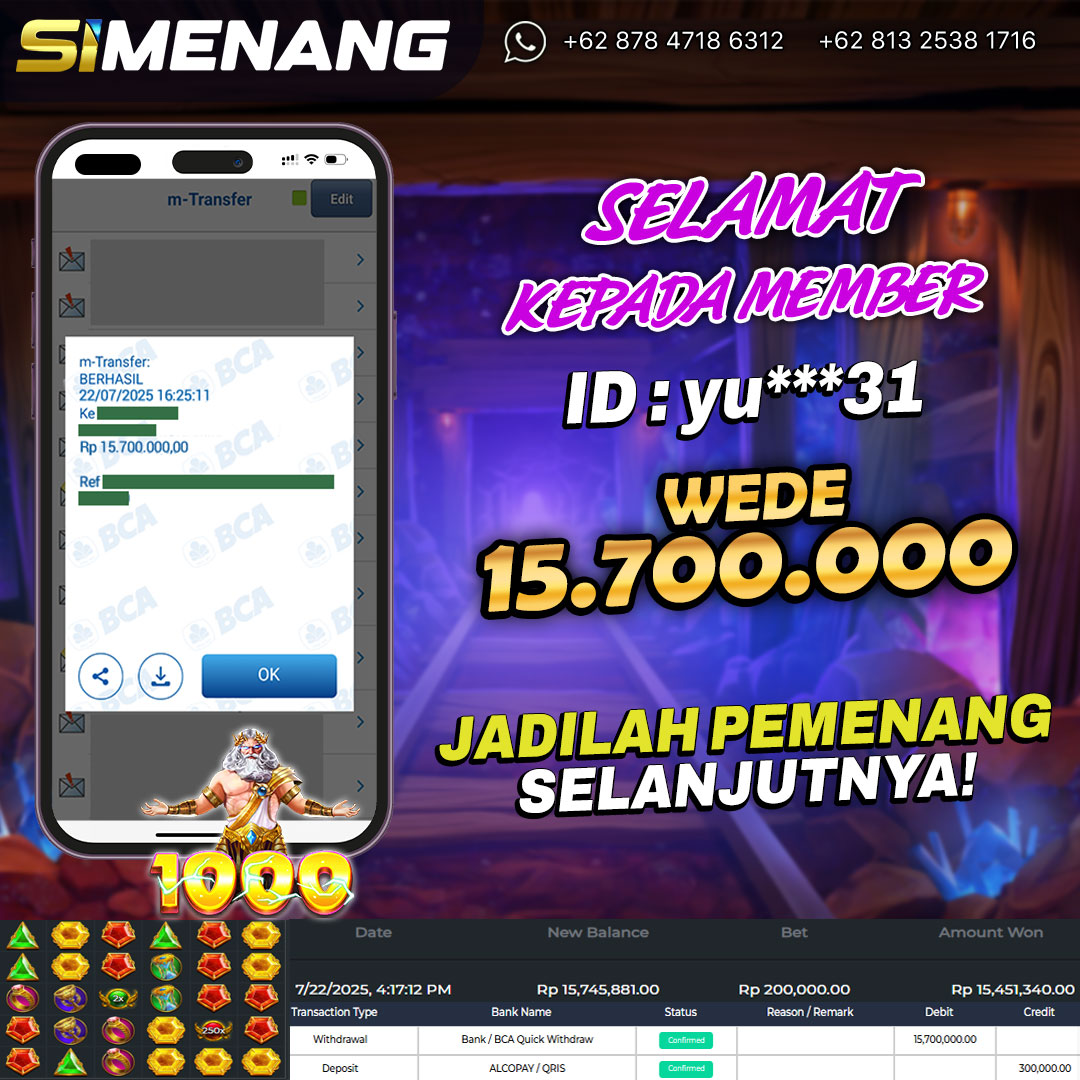 Bukti WD SIMENANG 15,7 juta Gates of Olympus 1000 22 Juli 2025