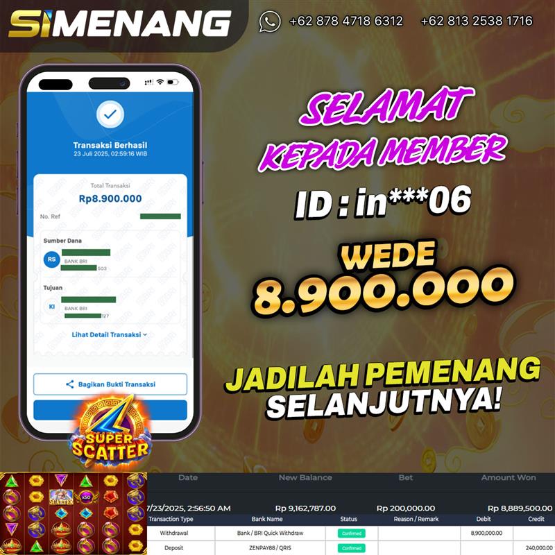 Bukti WD SIMENANG 8,9 Juta Gates of Olympus Super Scatter 23 Juli 2025