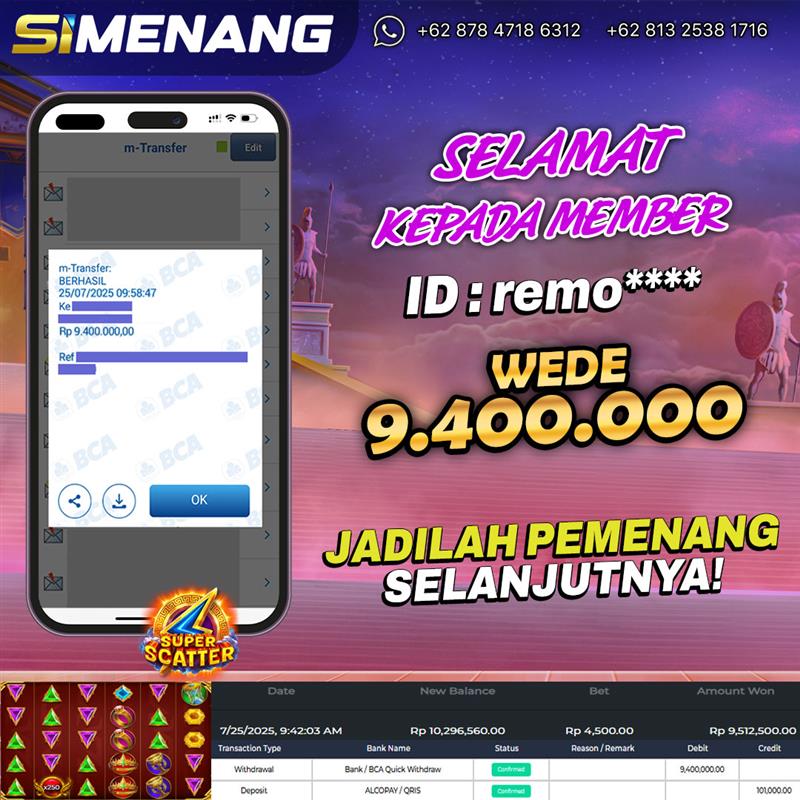 Bukti WD SIMENANG 9,4 juta Gates of Olympus Super Scatter 25 Juli 2025