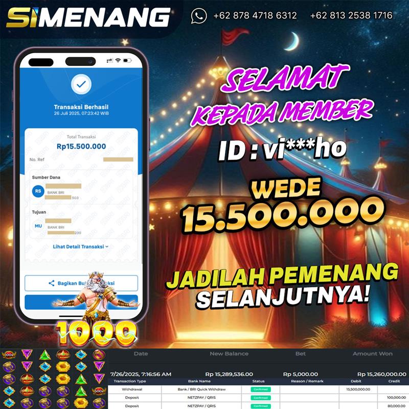 Bukti WD SIMENANG 15,5 juta Gates of Olympus 1000 26 Juli 2025