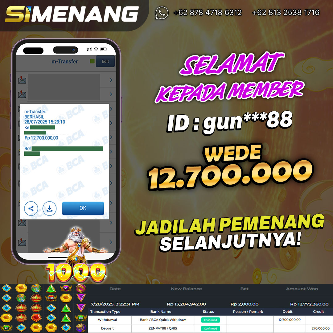 Bukti WD SIMENANG 12,7 juta Gates of Olympus 1000 28 Juli 2025