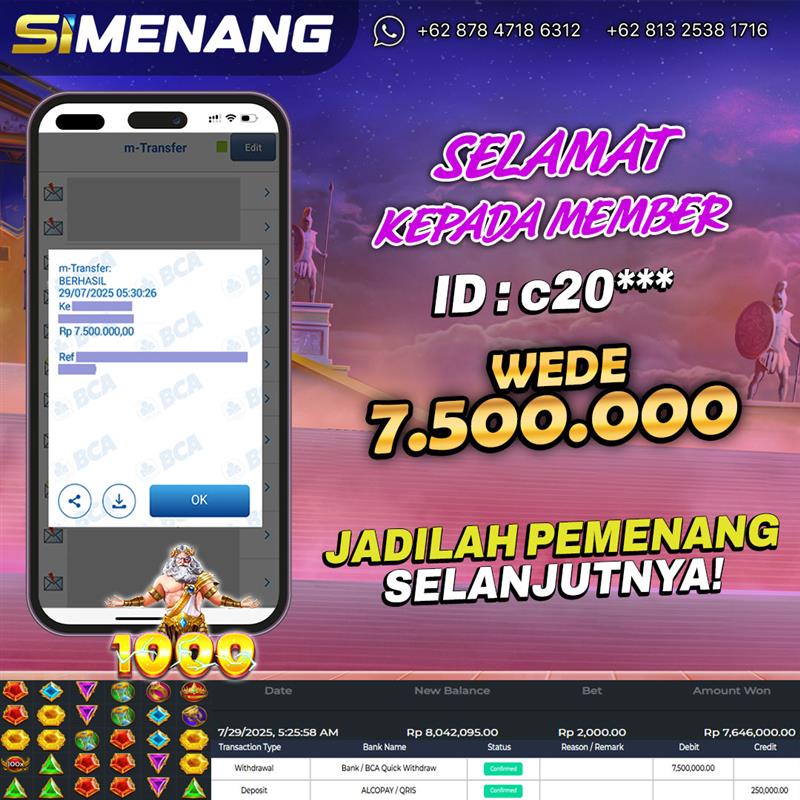 Bukti WD SIMENANG 7,5 juta Gates of Olympus 1000 29 Juli 2025