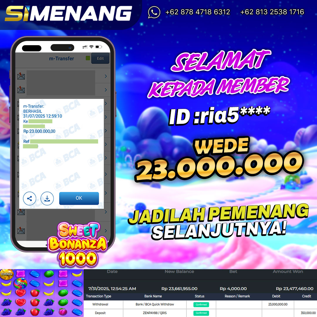 Bukti WD SIMENANG 23 juta Sweet Bonanza 1000 31 Juli 2025