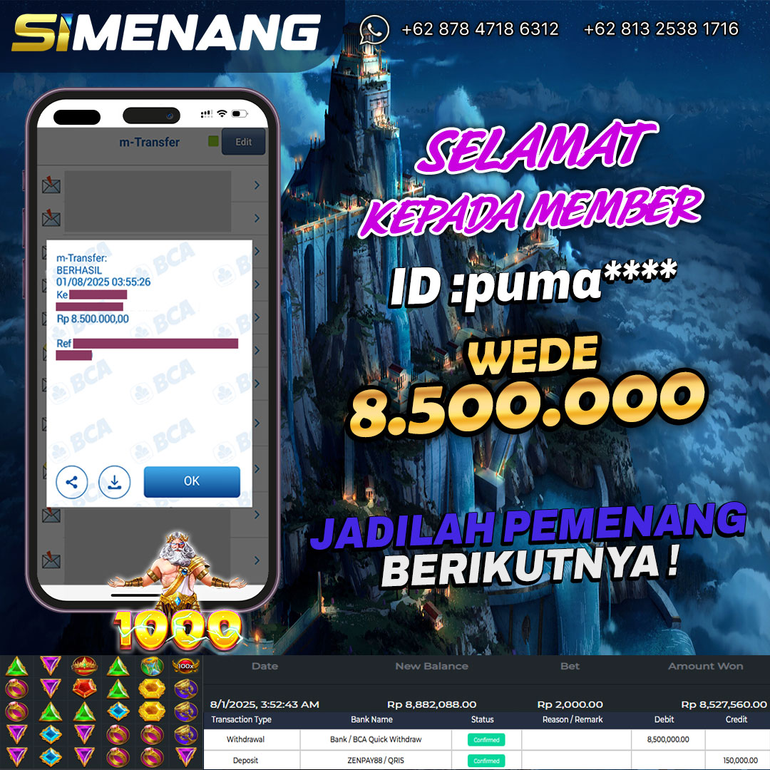 Bukti WD SIMENANG 8,5 juta Gates of Olympus 1000 1 Agustus 2025