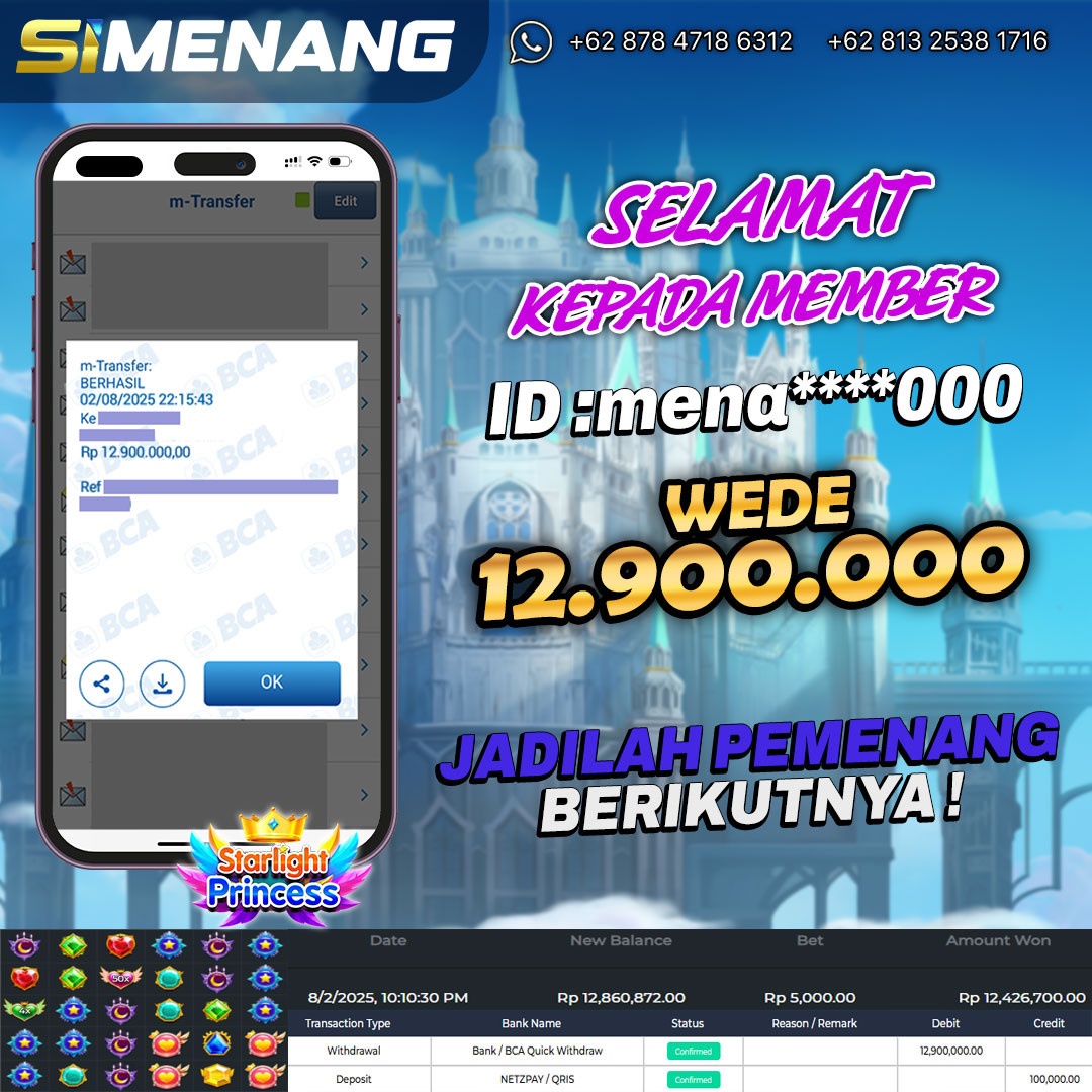 Bukti WD SIMENANG 12,9 juta Starlight Princess 2 Agustus 2025