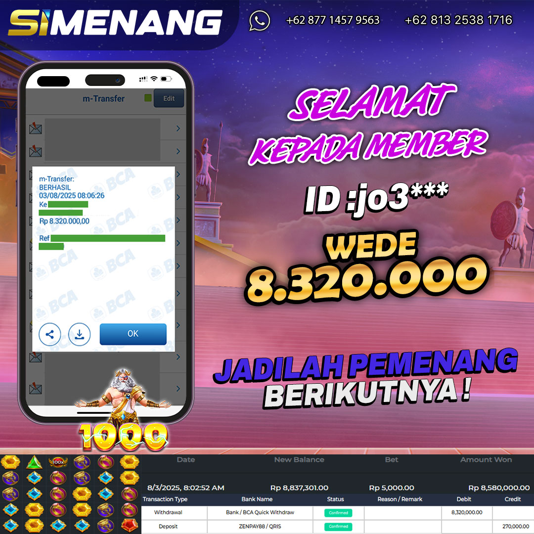 Bukti WD SIMENANG 8,3 juta Gates of Olympus 1000 3 Agustus 2025