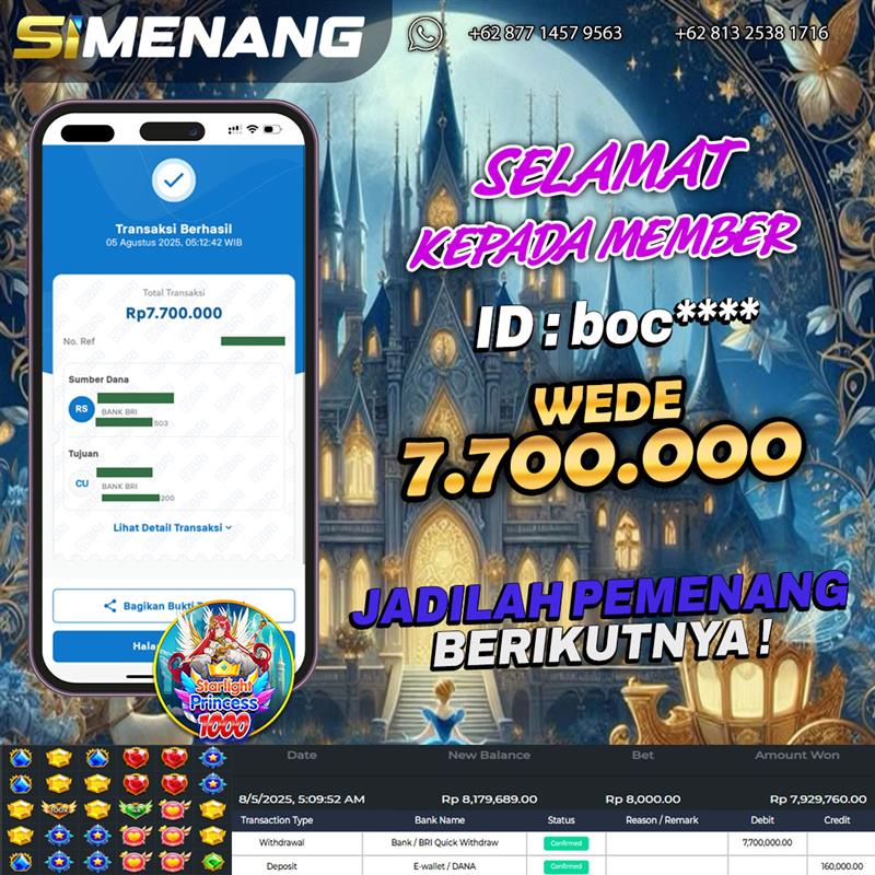Bukti WD SIMENANG 7,7 juta Starlight Princess 1000 5 Agustus 2025