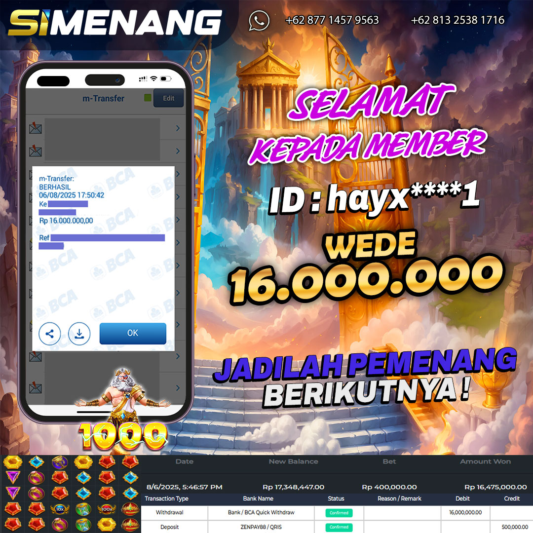 Bukti WD SIMENANG 16 juta Gates of Olympus 1000 6 Agustus 2025