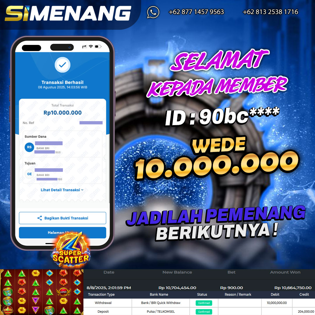 Bukti WD SIMENANG 10 juta Gates of Olympus Super Scatter 8 Agustus 2025