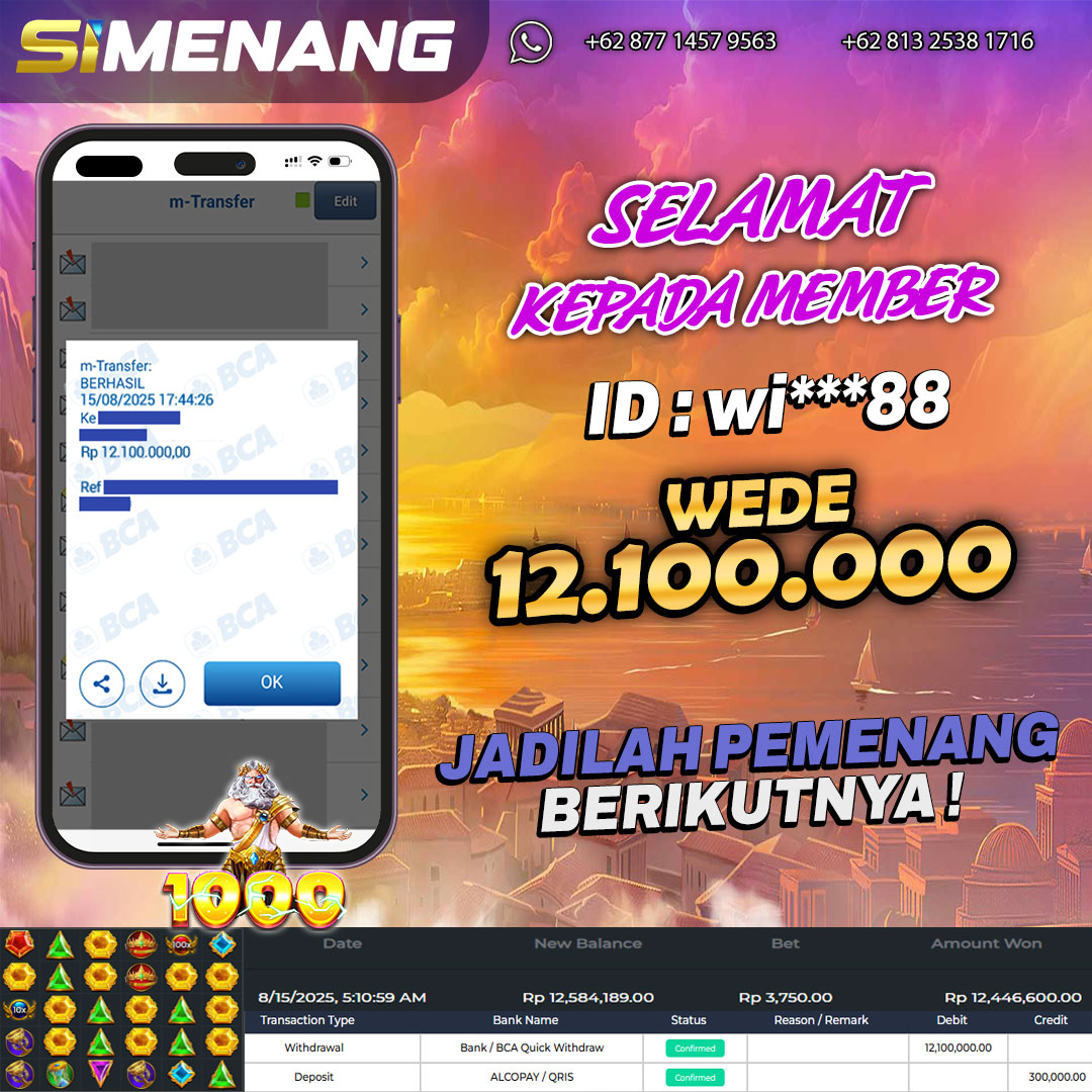 Bukti WD SIMENANG 12,1 juta Gates of Olympus 1000 15 Agustus 2025