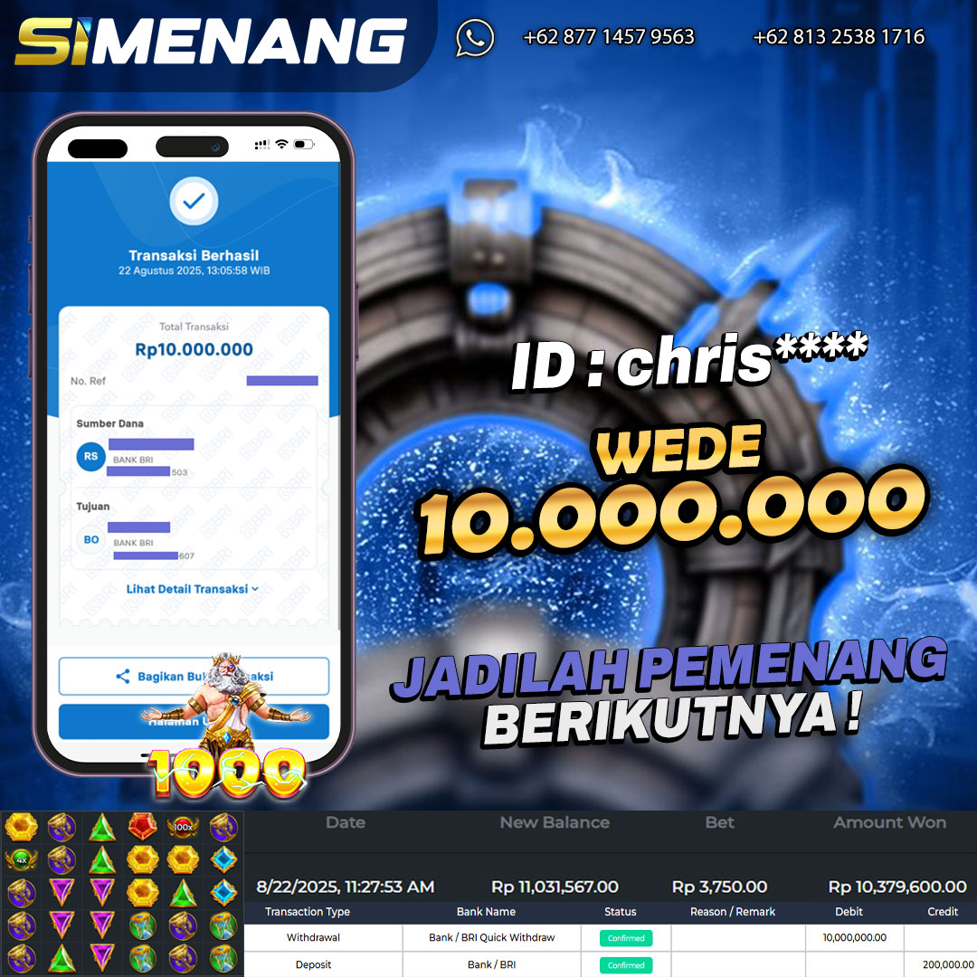 Bukti WD SIMENANG 10 juta Gates of Olympus 1000 22 Agustus 2025