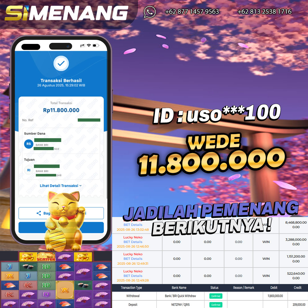 Bukti WD SIMENANG 11,8 juta Lucky Neko 26 Agustus 2025