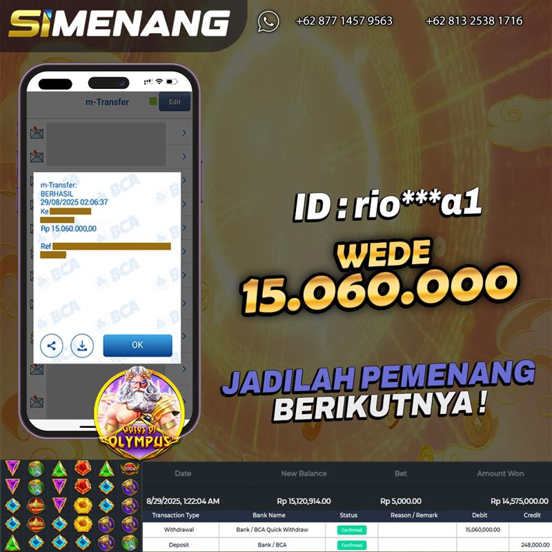 Bukti WD SIMENANG 15 juta Gates of Olympus 29 Agustus 2025