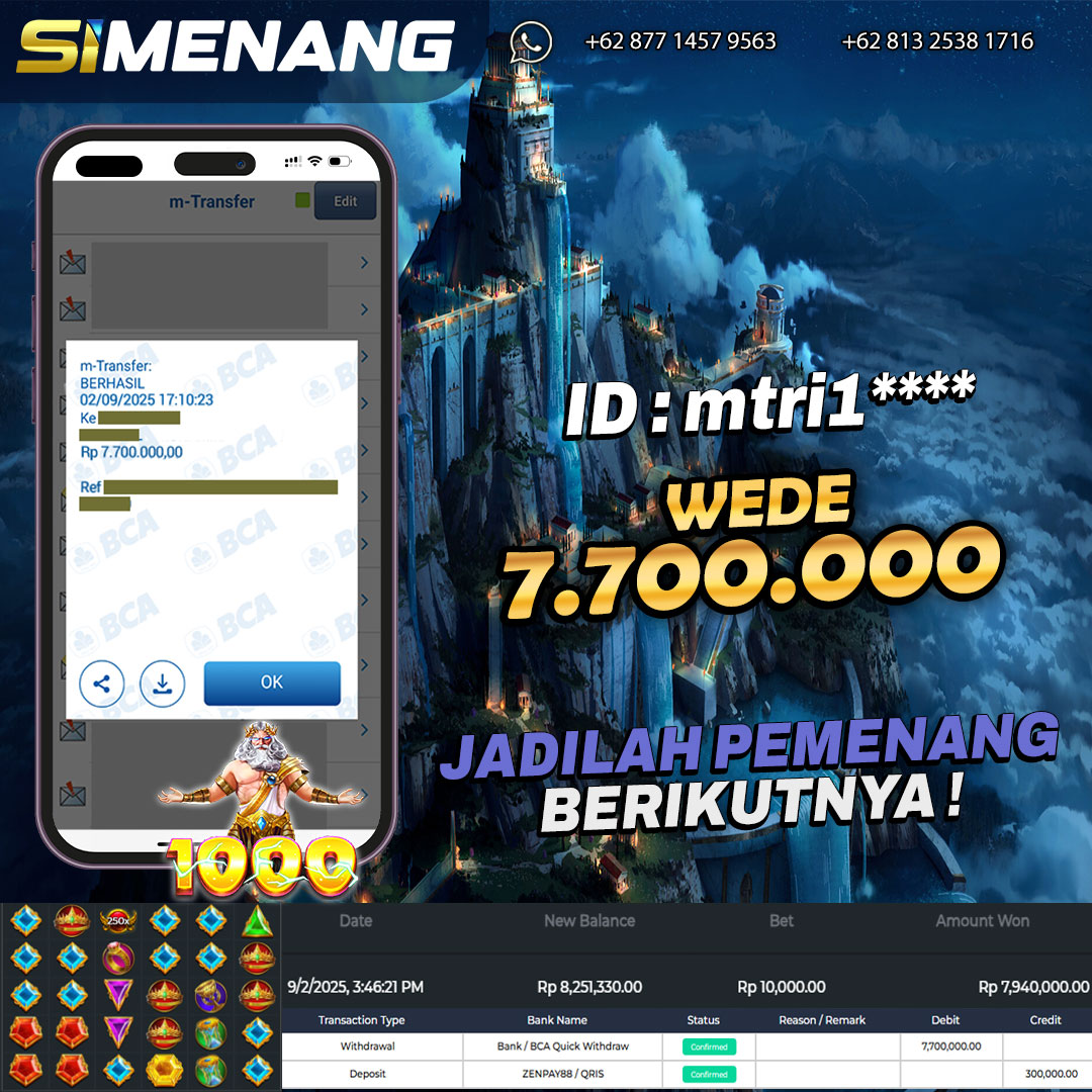 Bukti WD SIMENANG 7,7 juta Gates of Olympus 1000 2 September 2025