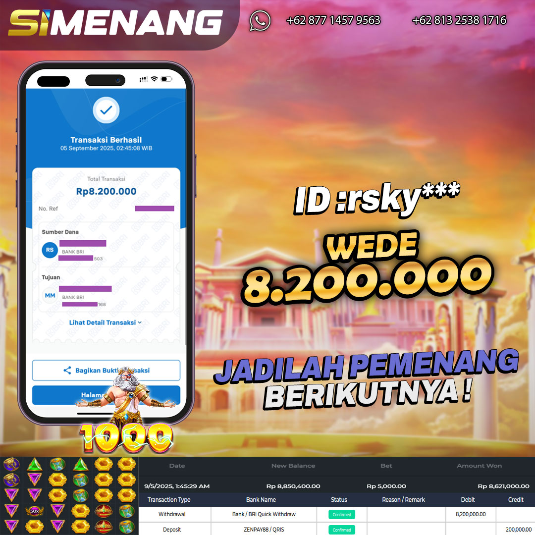 Bukti WD SIMENANG 8,2 juta Gatesof Olympus 1000 5 September 2025