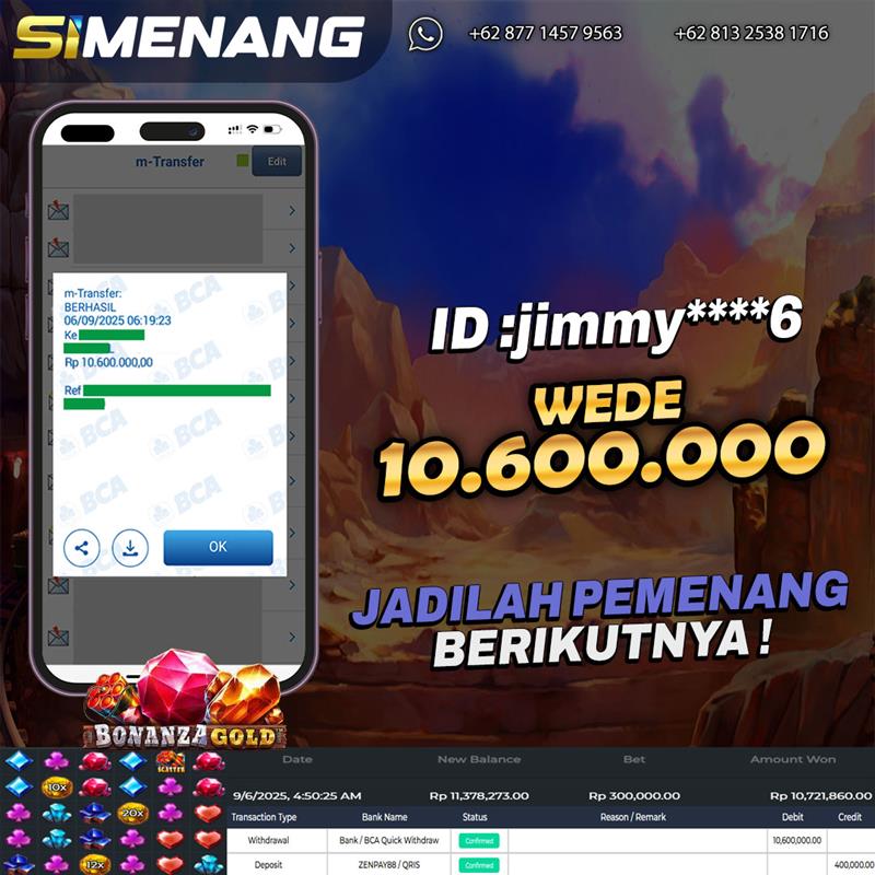 Bukti WD SIMENANG 10,6 juta Bonanza Gold 6 September 2025