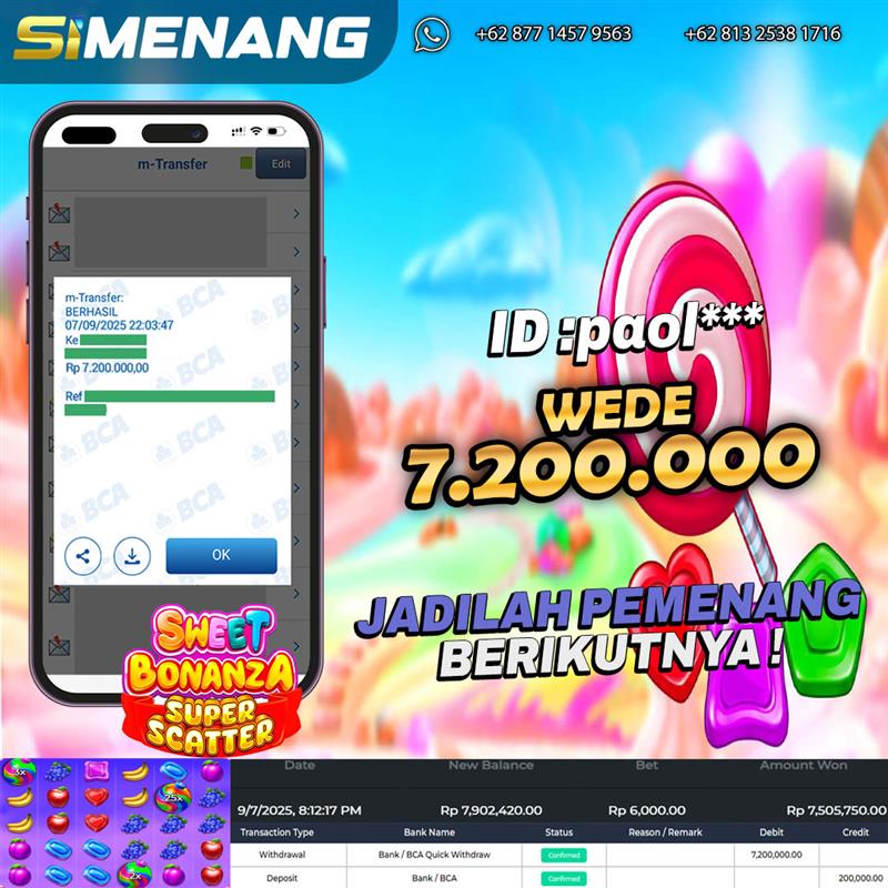 Bukti WD SIMENANG 7,2 juta Sweet Bonanza Super Scatter 7 Septemver 2025