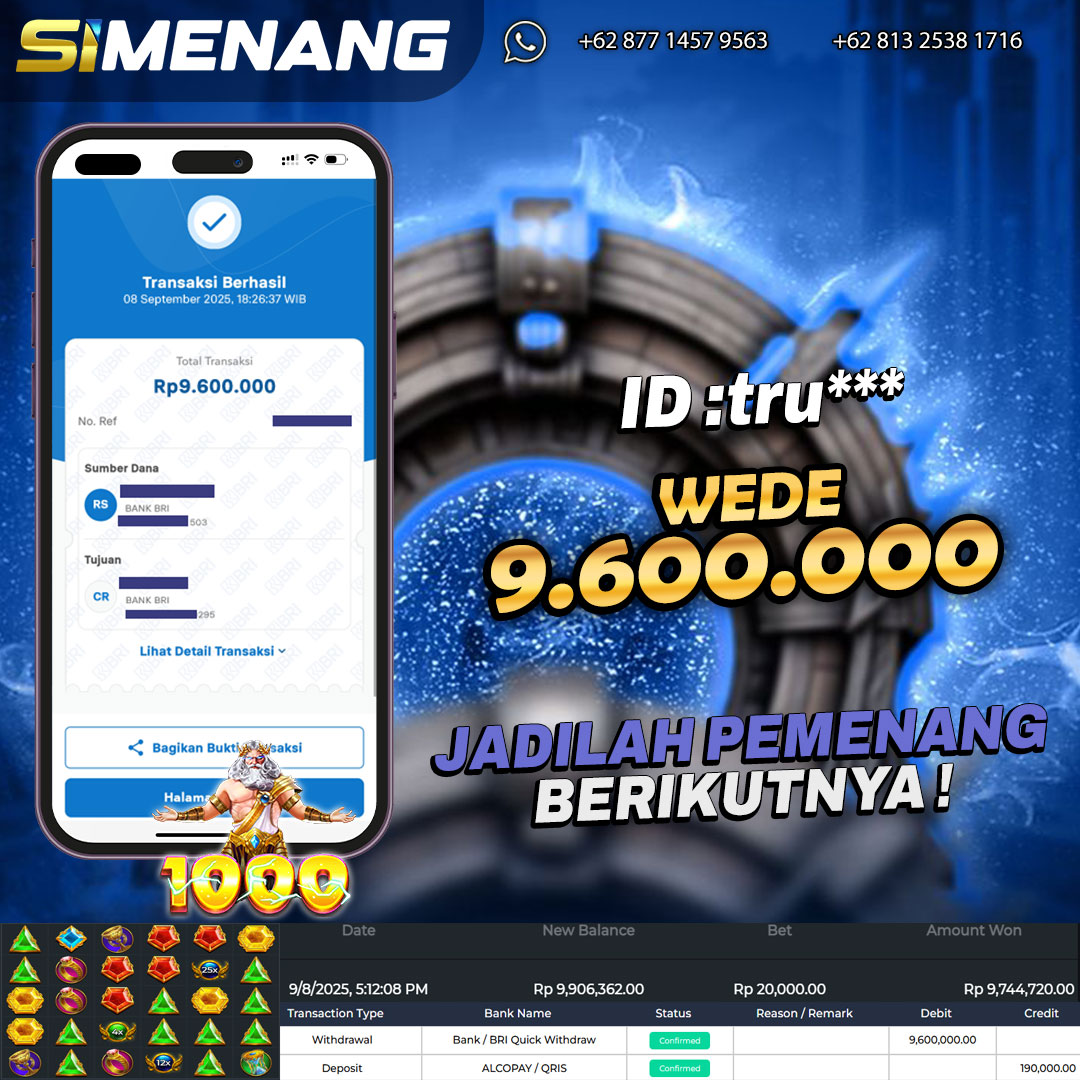 Bukti WD SIMENANG 9,6 juta Gates of Olympus 1000 8 September 2025