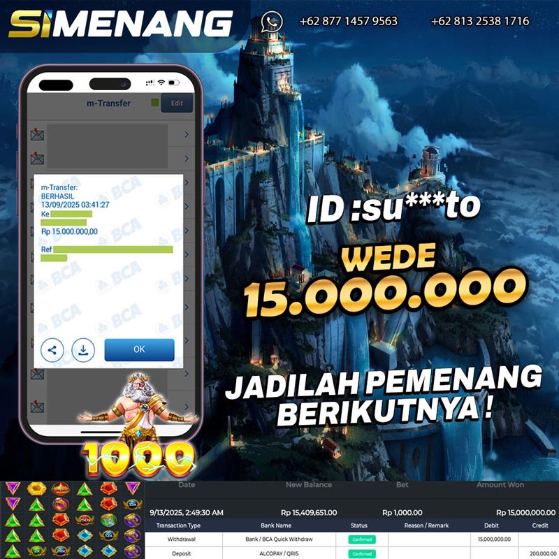 Bukti WD SIMENANG 15 juta Gates of Olympus 1000 13 September 2025