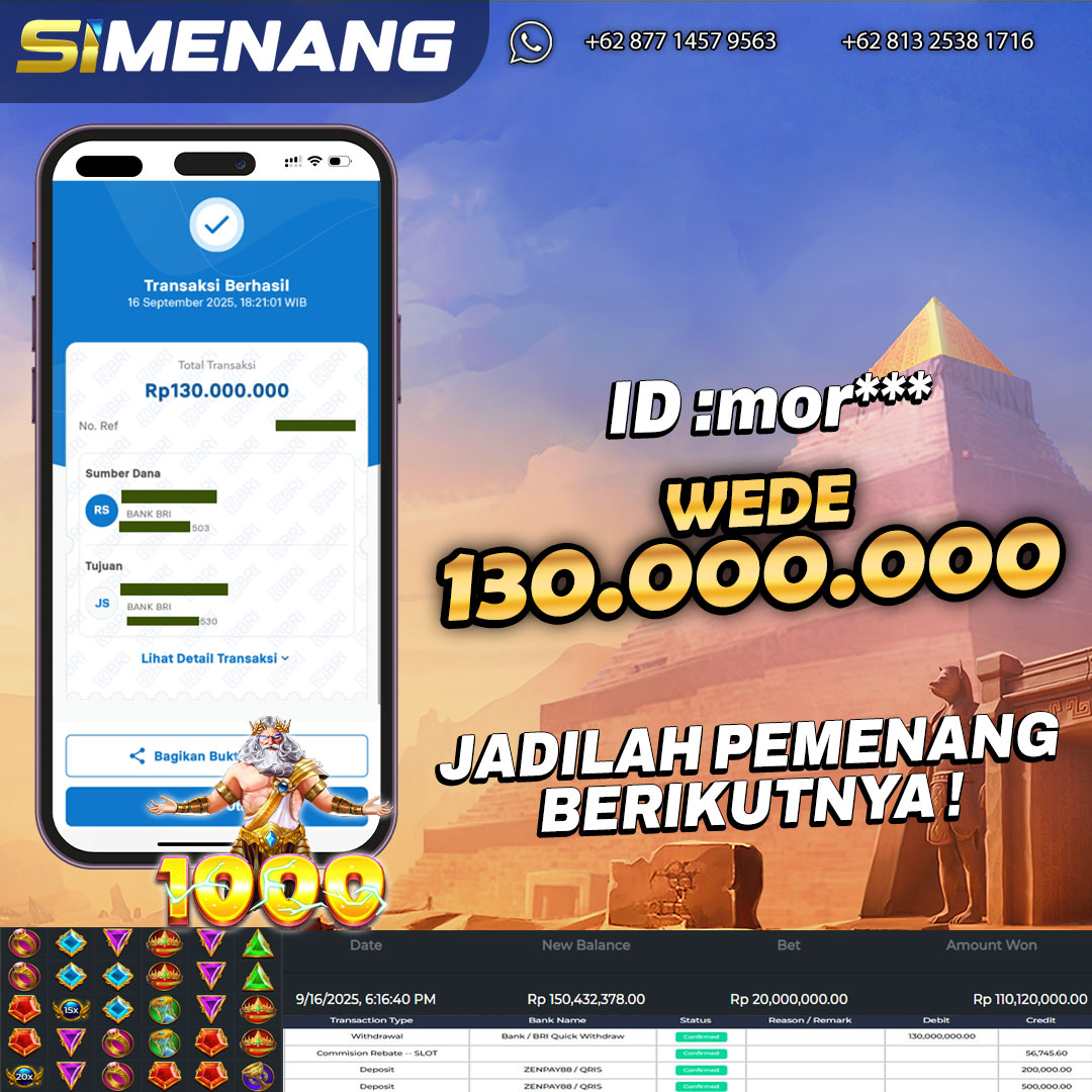Bukti WD SIMENANG 130 juta Gates of Olympus 1000 16 September 2025