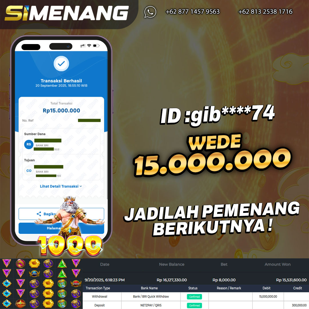 Bukti WD SIMENANG 15 juta Gates of Olympus 1000 20 September 2025