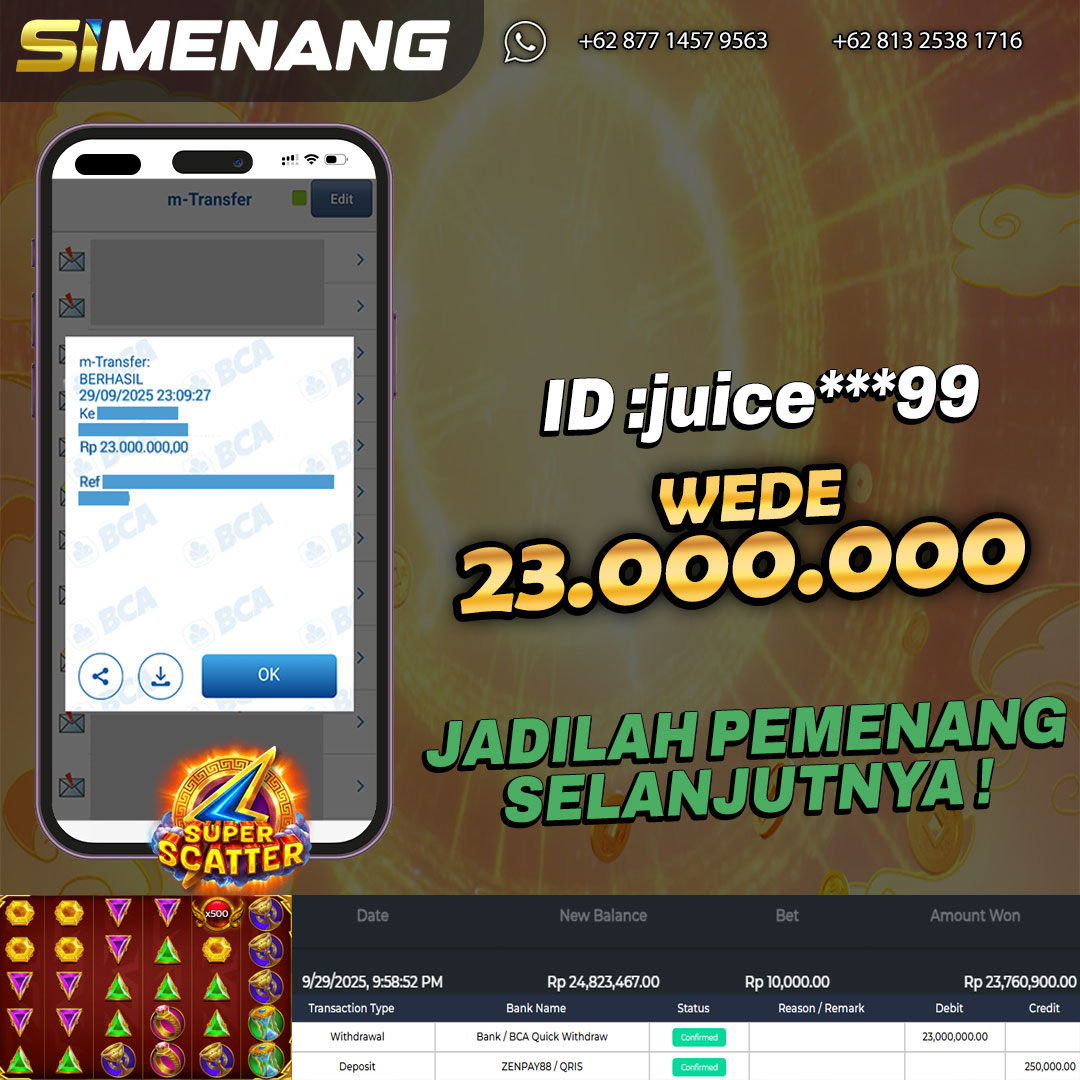 Bukti WD SIMENANG 23 juta Gates of Olympus Super Scatter 29 September 2025