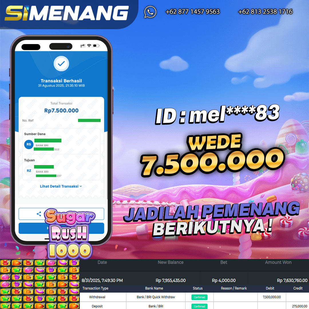 Bukti WD SIMENANG 7,5 juta Sugar Rush 1000 31 Agustus 2025