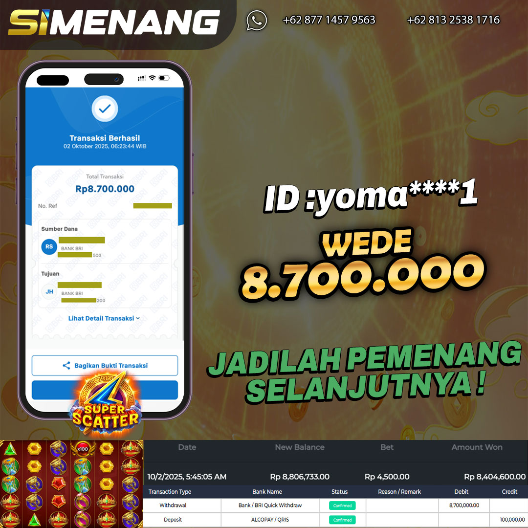 Bukti WD SIMENANG 8,7 juta Gates of Olympus Super Scatter 2 Oktober 2025