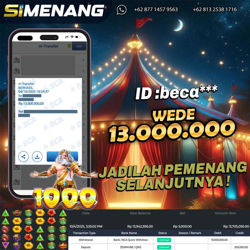 Bukti WD SIMENANG 13 juta Gates of Olympus 1000 4 Oktober 2025