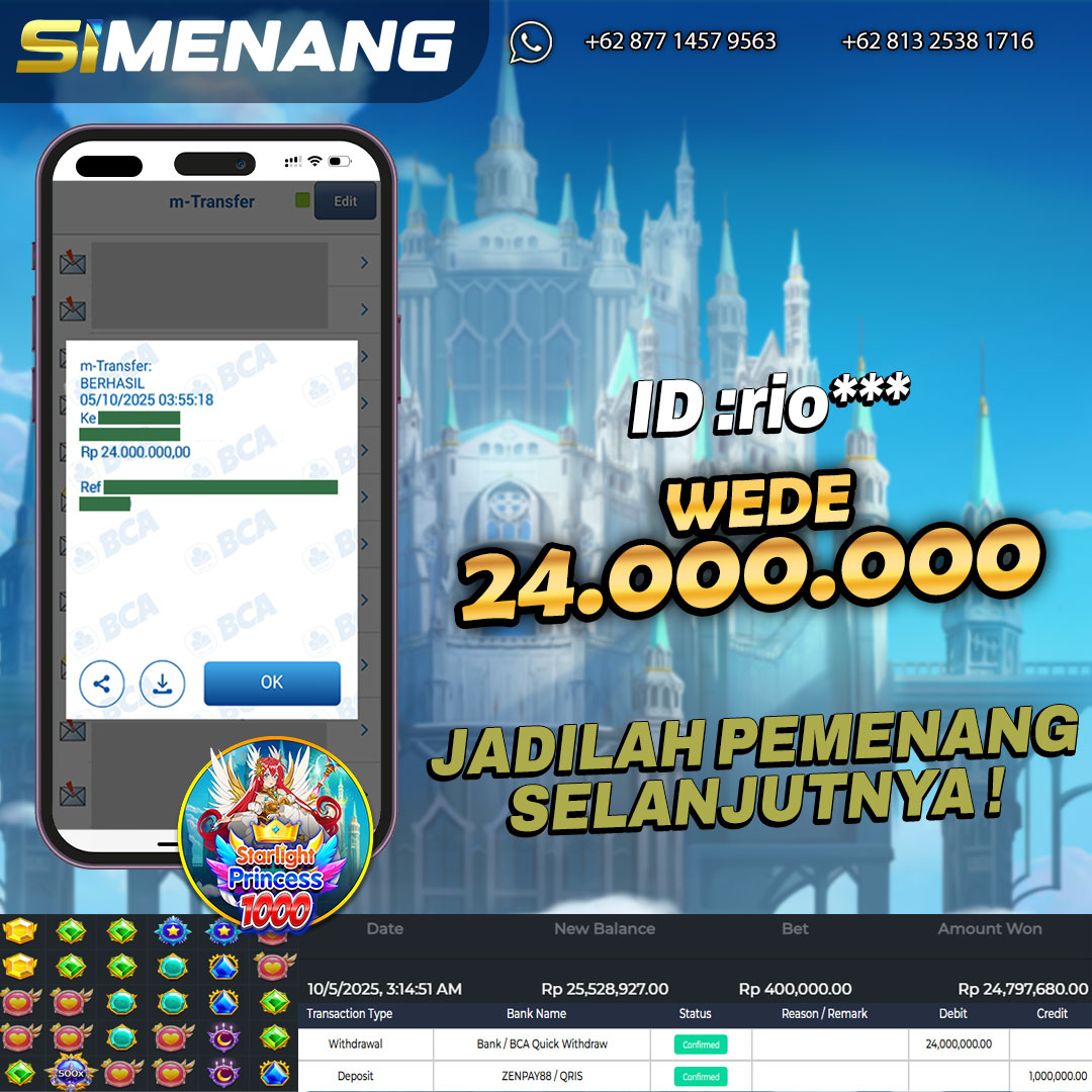 Bukti WD SIMENANG 24 juta Starlight Princess 1000 5 Oktober 2025