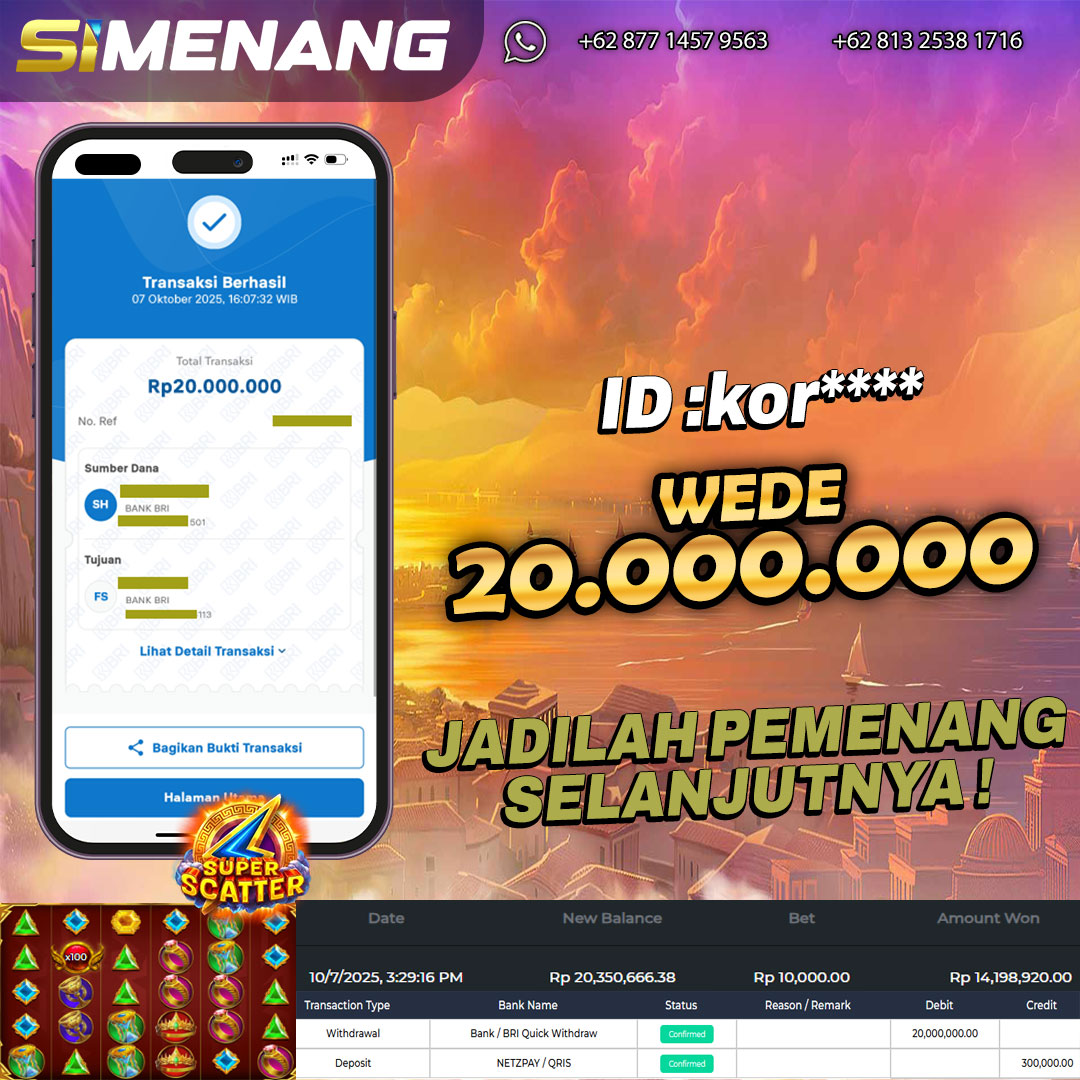 Bukti WD SIMENANG 20 juta Gates of Olympus Super Scatter 7 Oktober 2025