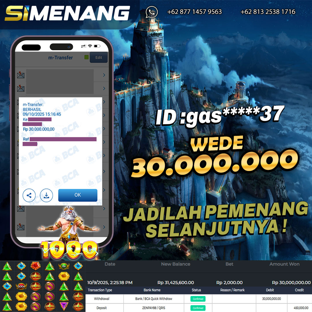 Bukti WD SIMENANG 30 juta Gates of Olympus 1000 9 Oktober 2025