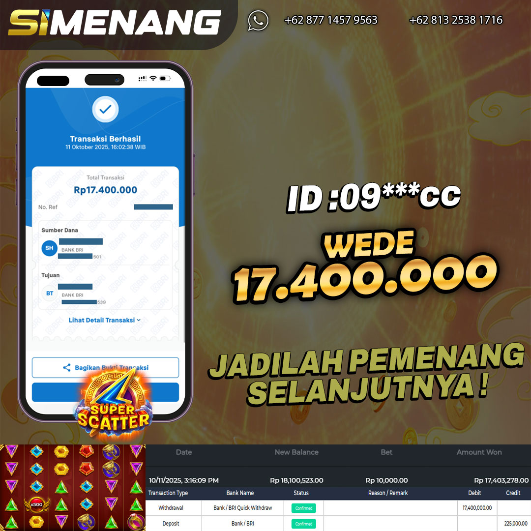 Bukti WD SIMENANG 17,4 juta Gates of Olympus Super Scatter 11 Oktober 2025