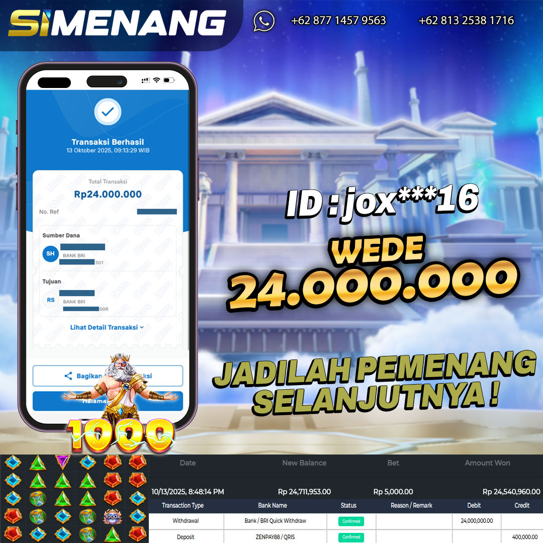 Bukti WD SIMENANG 24 juta Gates of Olympus 1000 13 Oktober 2025